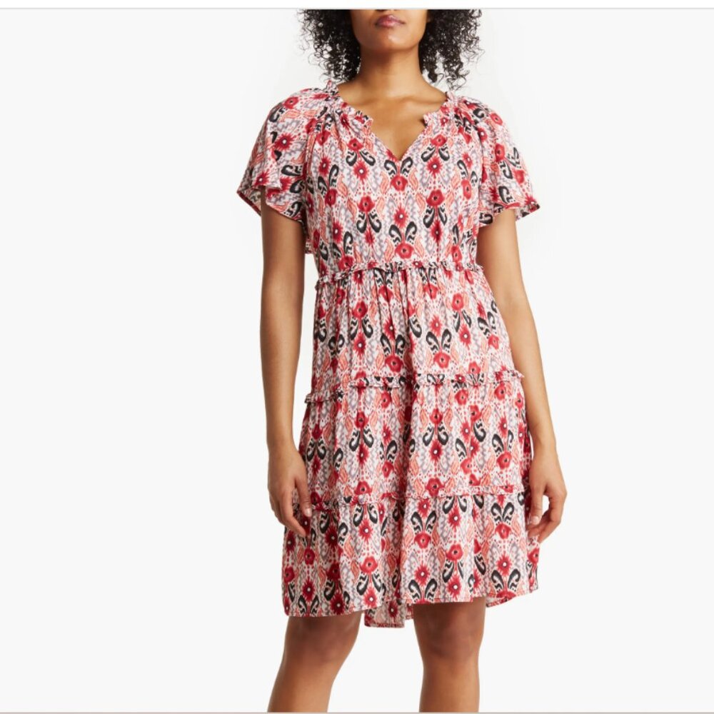 Beachlunlounge Camila Floral Flutter Sleeve Dress in Bleeding Ikat NWOT